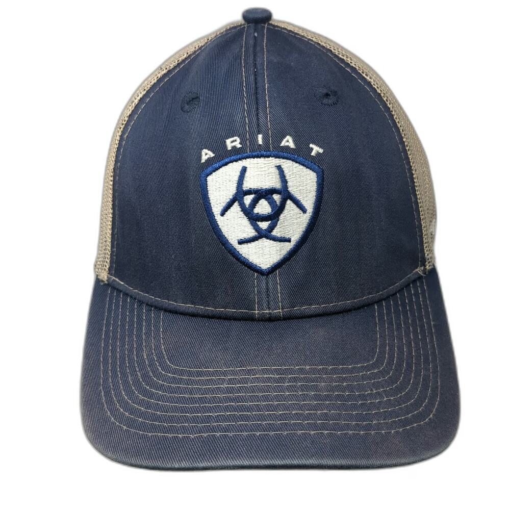 Ariat Trucker Hat Blue One Size Mesh Snapback Shield Logo Beige Stitching